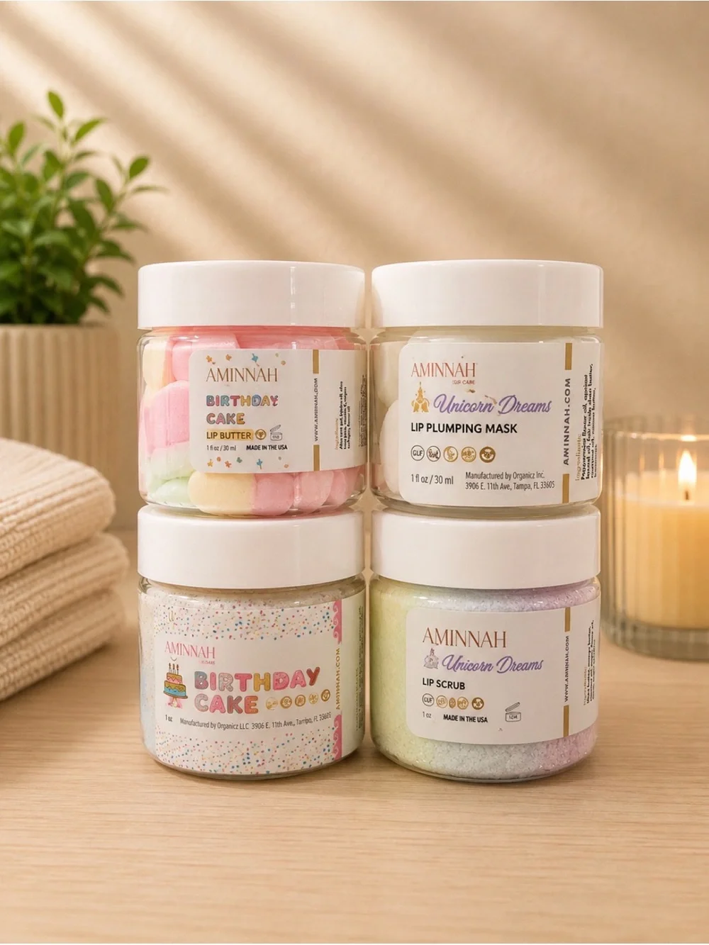 AMINNAH (NWT) Unicorn Dreams & Birthday Cake Lip Care Set - Butter, Mask & Scrub
